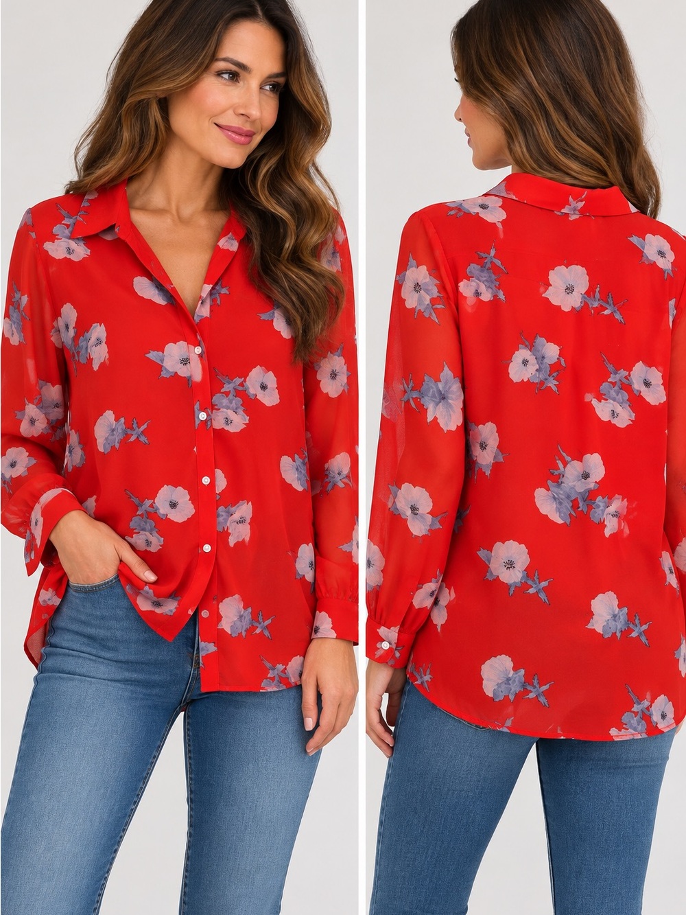 Bar III Floral Button Down Blouse Red Sheer Lined Long Sleeve Size 2X NWT